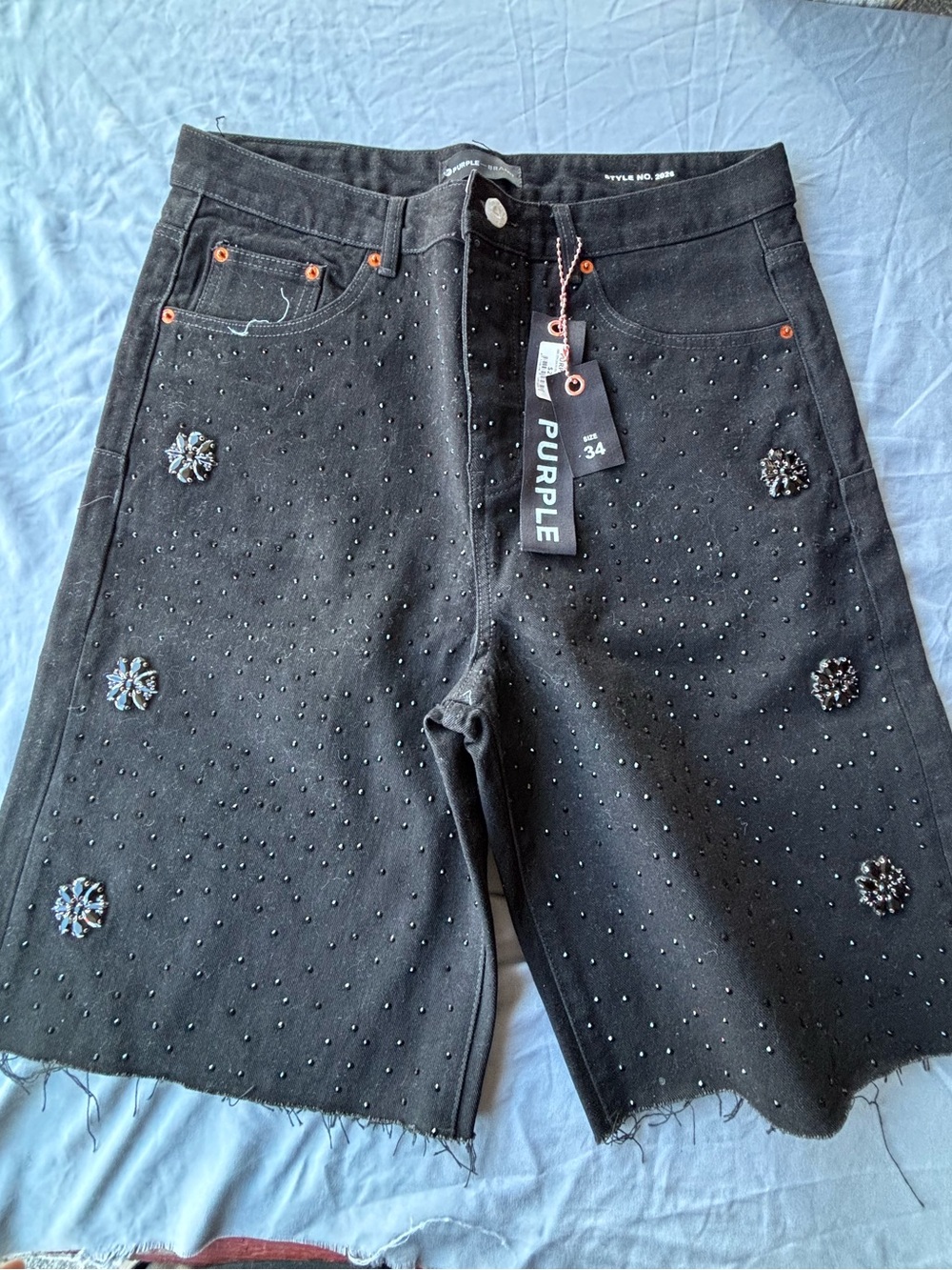 Purple Men’s Black Embellished Denim Shorts